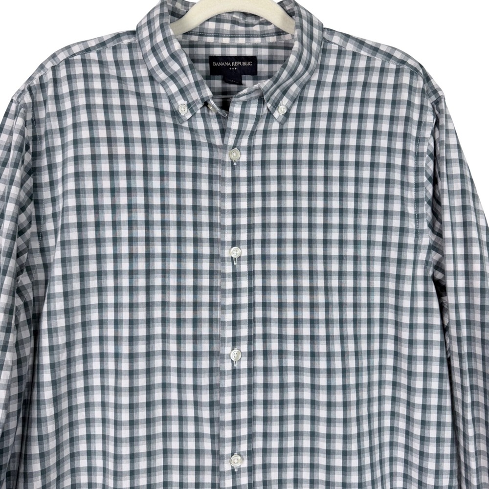 Banana Republic Mens Large Gingham‎ Check Button Down Shirt Green White Cotton